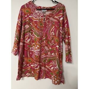 Soft Surroundings Paisley Embellished Beaded Pearl Tunic Top Blouse Pink Size 2X